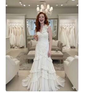 Sira D Pions Ivory One Shoulder Ruffle Tiered Gown Wedding Bridal